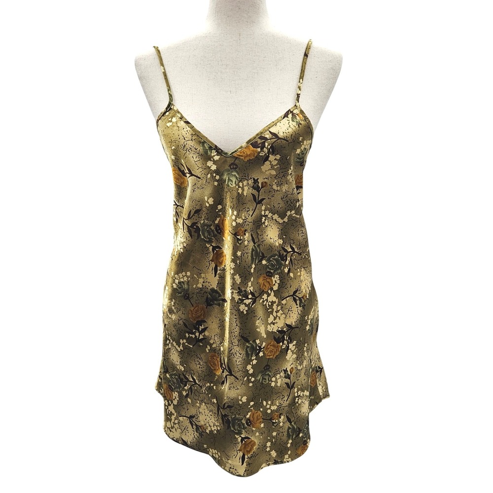 Kristine Tyler Intimates Floral Satin Chemise Nightgown Olive Gold‎ V-Neck Small